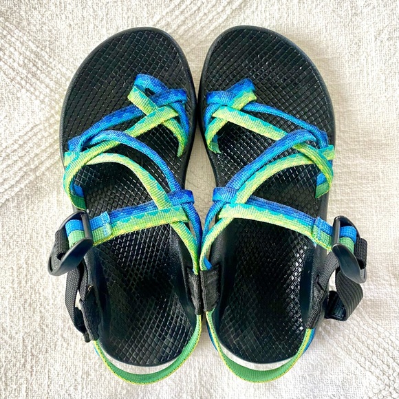 Chaco Two Strap Blue & Green w/ Green Soles W6 - Picture 2 of 14